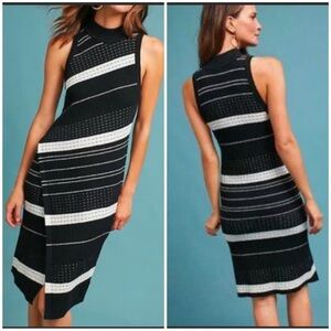 MOTH Midi Knit Dress Velda Asymmetric Stripe Mock Neck Black White Cutaway Wrap